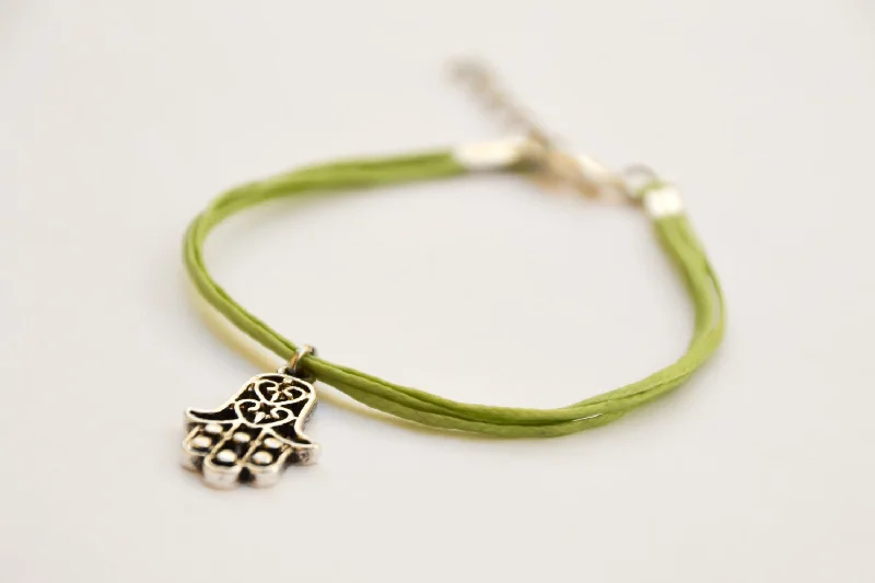 Ladies bracelets with woof charms -Silver Hamsa bracelet for women, light green cord, gift for her