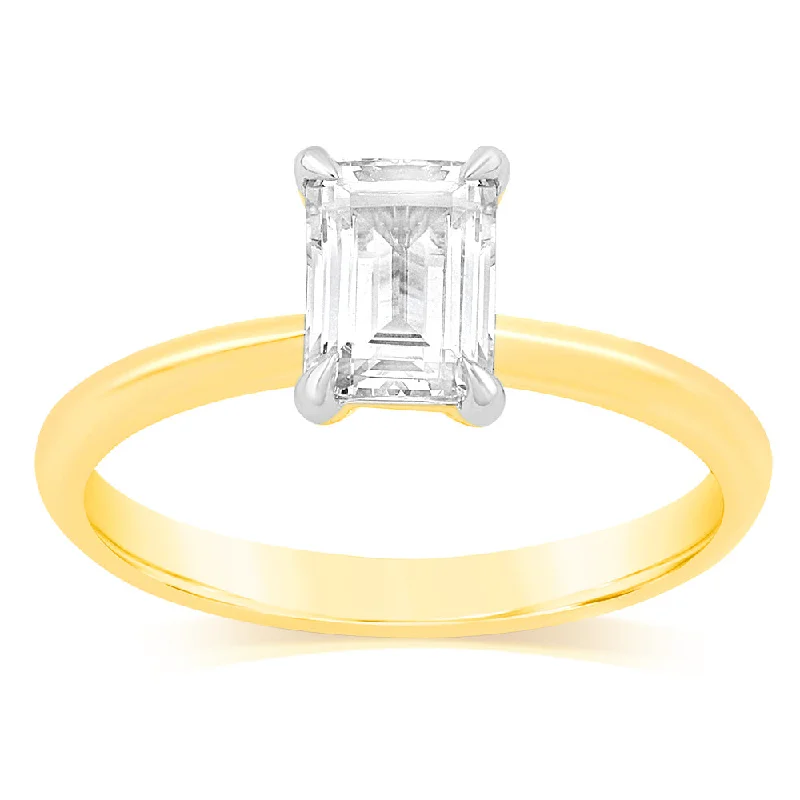 engagement-luxury-silver-ring-Luminesce Lab Grown Certified 1 Carat Diamond Emerald Cut Engagement Ring in 18ct Yellow Gold