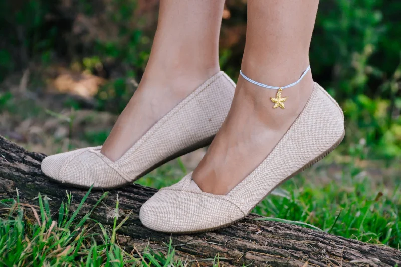 Ladies bracelets soft pink gold -Ankle bracelet with a gold plated starfish dangle charm, blue cord, preppy jewelry