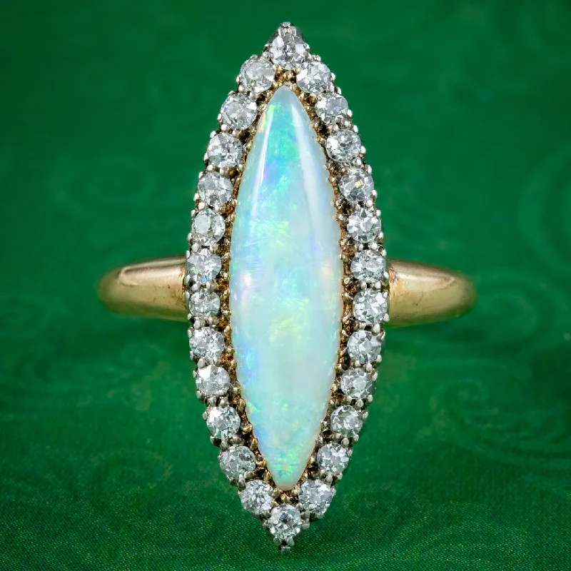 ladies-custom-rose-gold-rings-Antique Victorian Opal Diamond Navette Cluster Ring 2.3ct Opal