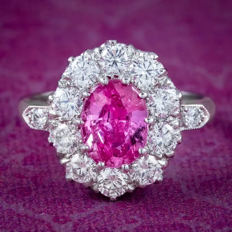 ladies-unique-platinum-rings-Edwardian Style Pink Sapphire Diamond Cluster Ring 1.75ct Sapphire