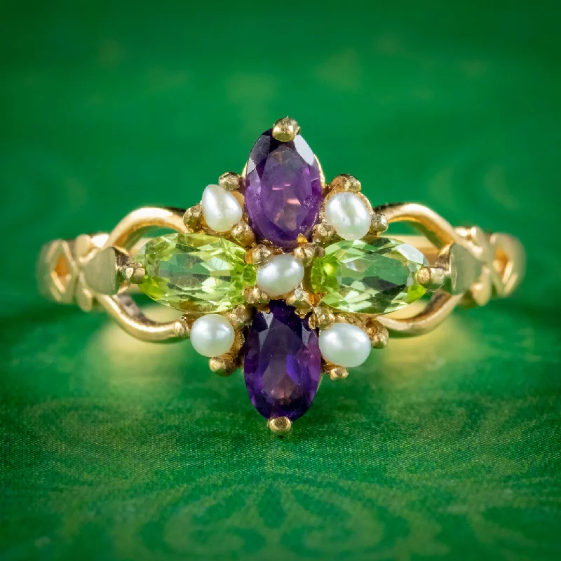 ladies-custom-rose-gold-rings-Edwardian Suffragette Style Cluster Ring Pearl Peridot Amethyst