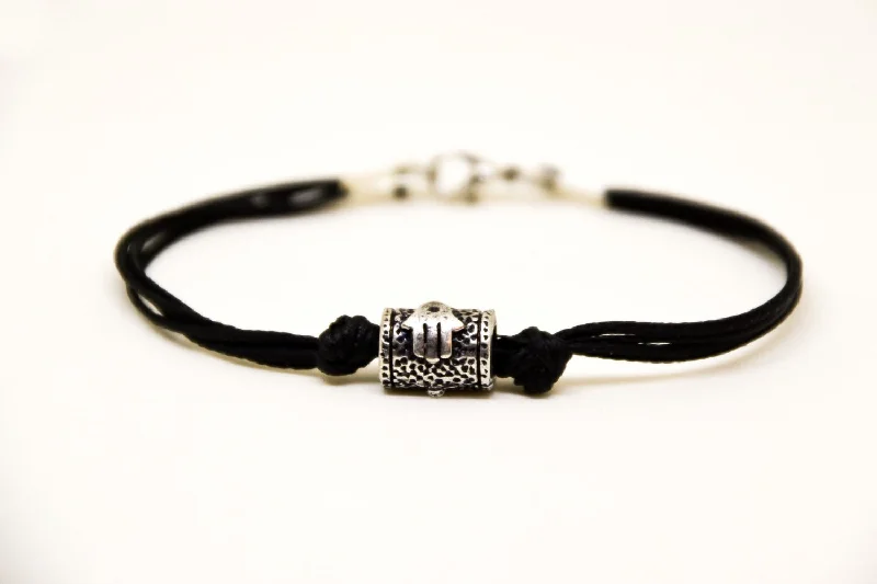 Ladies bracelets for gathering days -Silver Hamsa tube bead bracelet for men, black cord