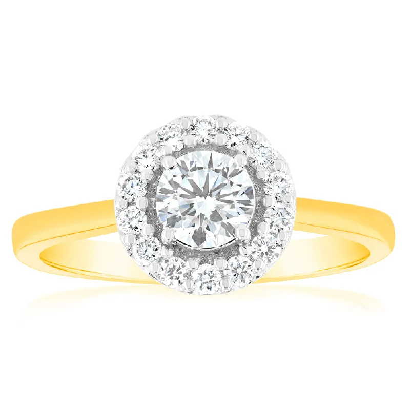 engagement-rose-gold-channel-ring-Luminesce Lab Grown 18ct Yellow Gold 1 Carat Diamond Brilliant Halo Engagement Ring