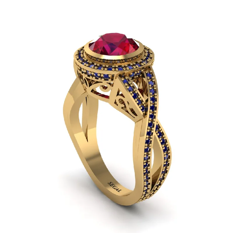 engagement-diamond-bezel-ring-Ruby Filigree Halo Twist Shank Engagement Ring - Wren No. 70