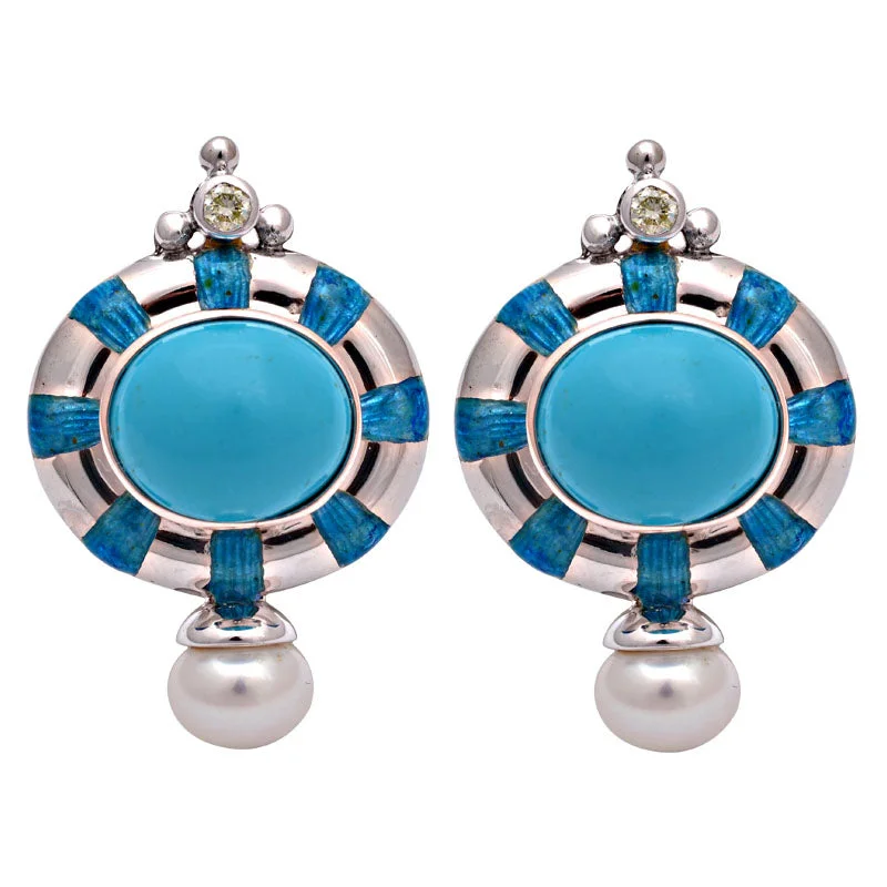 ladies-gold-huggie-earrings-Earrings-Turquoise, Fresh Water Pearl and Diamond (Enamel)