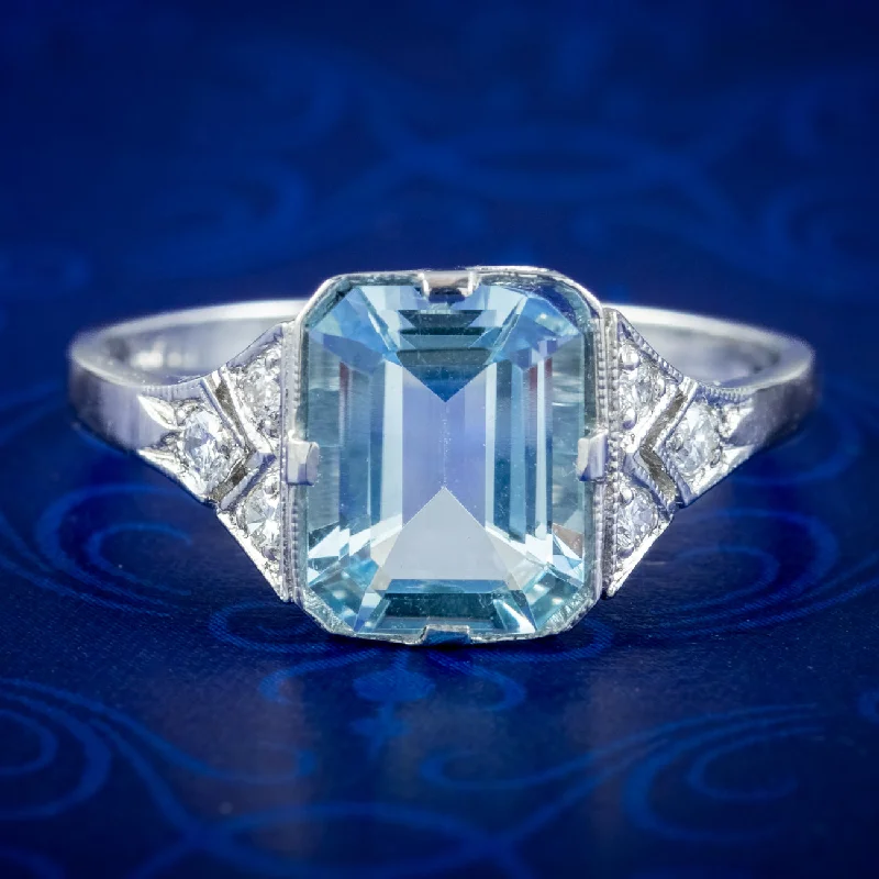 ladies-wedding-diamond-rings-Art Deco Style Aquamarine Diamond Ring 2.8ct Aqua