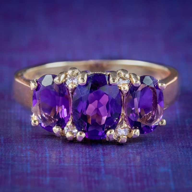 ladies-round-gold-rings-Victorian Style Amethyst Diamond Trilogy Ring 9ct Gold