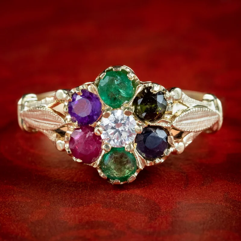 ladies-bridal-gold-rings-Victorian Style Acrostic Gemstone Cluster Ring Spells Dearest