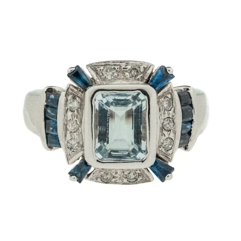 ladies-wedding-rose-gold-rings-2.39ctw Aquamarine with Sapphire and Diamond Accents Ring in 14K White Gold - Size 7