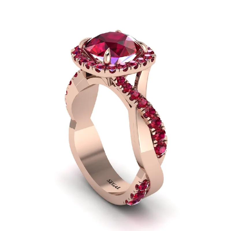 engagement-wedding-platinum-ring-Ruby Twist Shank Halo Engagement Ring - Cheyenne No. 56