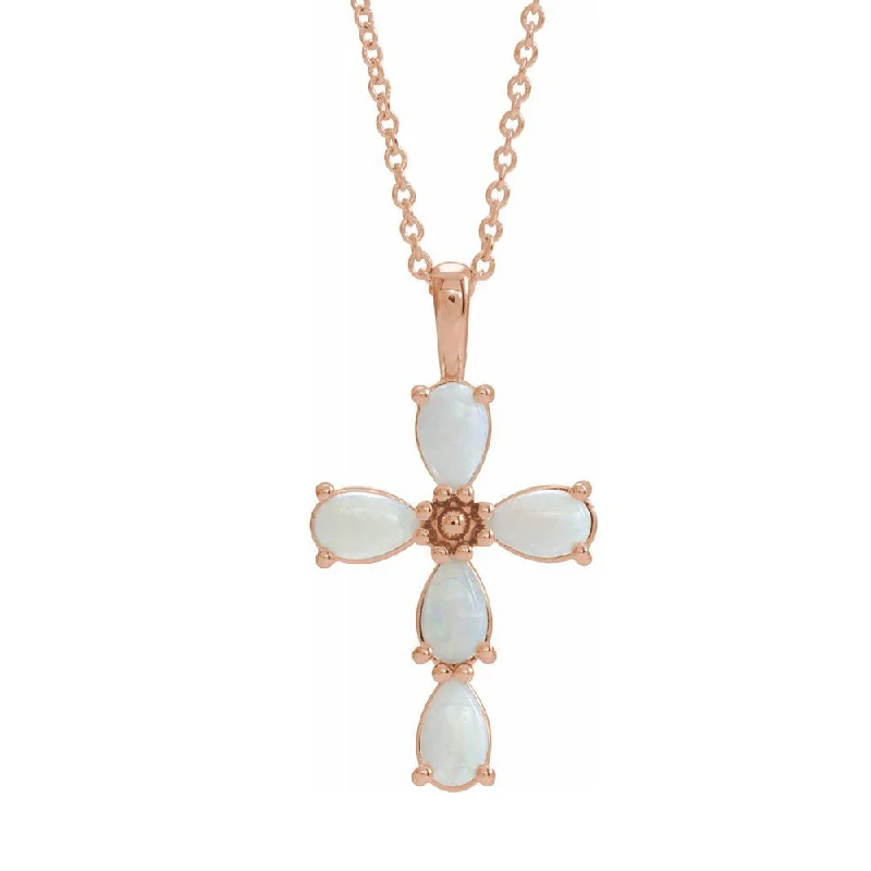 Ladies necklaces for trips -14K White, Yellow, or Rose Gold, White Opal Cross Necklace, 16-18 Inch