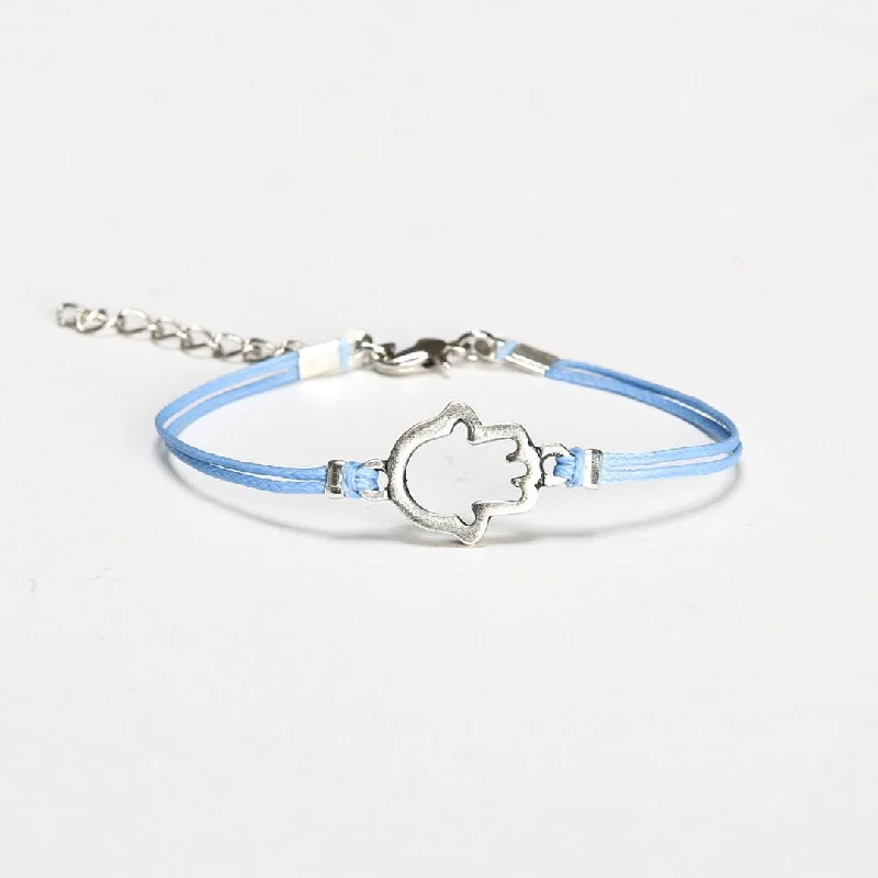 Ladies bracelets for festive surprises -Blue cord bracelet with silver Hamsa charm, evil eye protection, mothers day gift