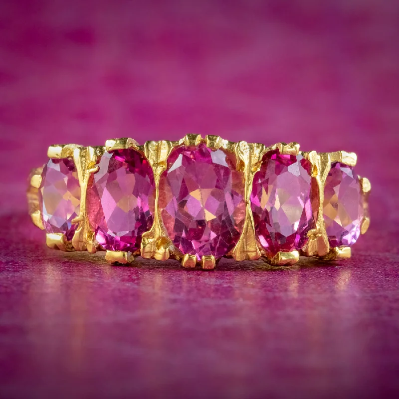 ladies-birthstone-rose-gold-rings-Victorian Style Pink Topaz Five Stone Ring 2.3ct Of Topaz