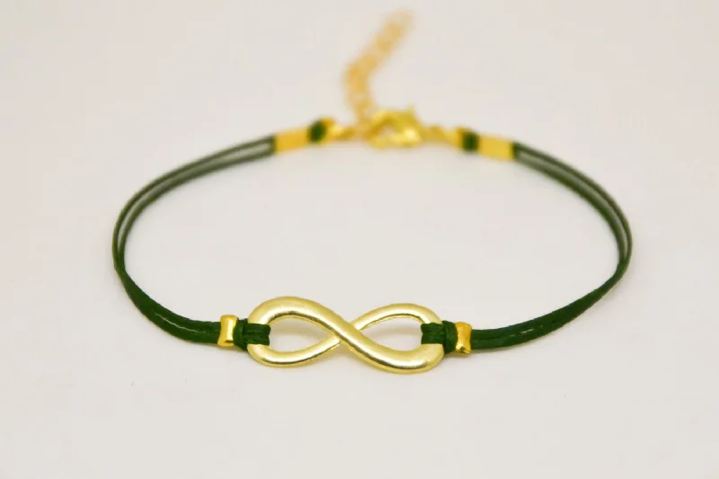 Ladies bracelets with night obsidian -Gold infinity bracelet for women, green cord, yoga jewelry