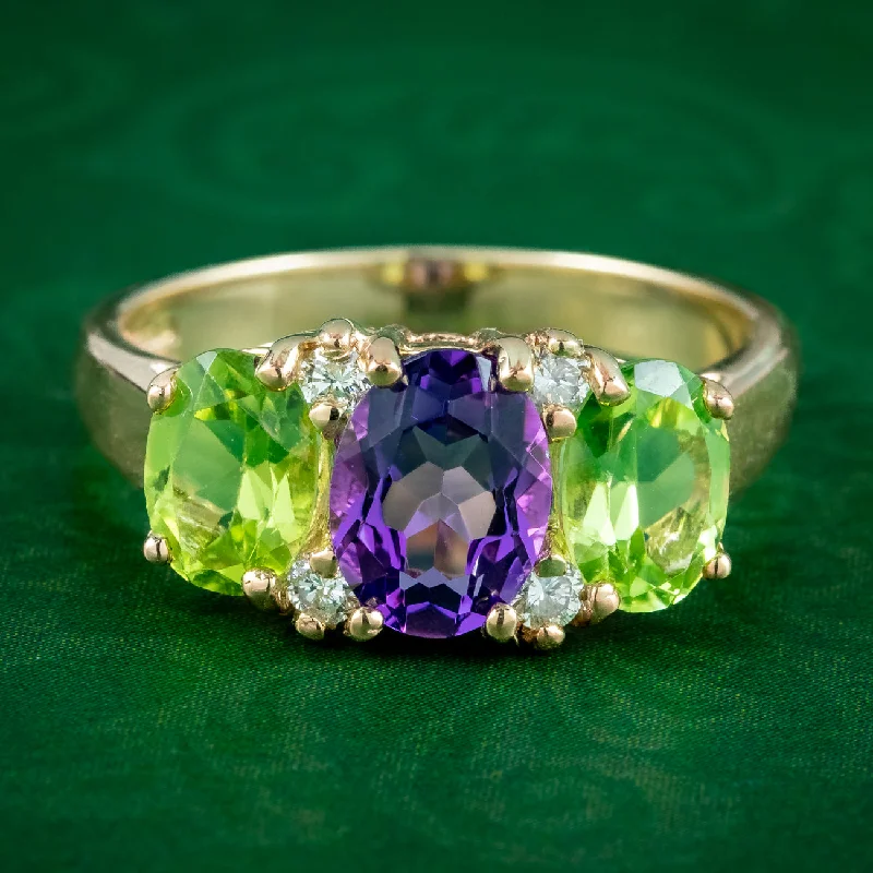 ladies-gold-promise-rings-Edwardian Suffragette Style Ring Amethyst Peridot Diamond 9ct Gold