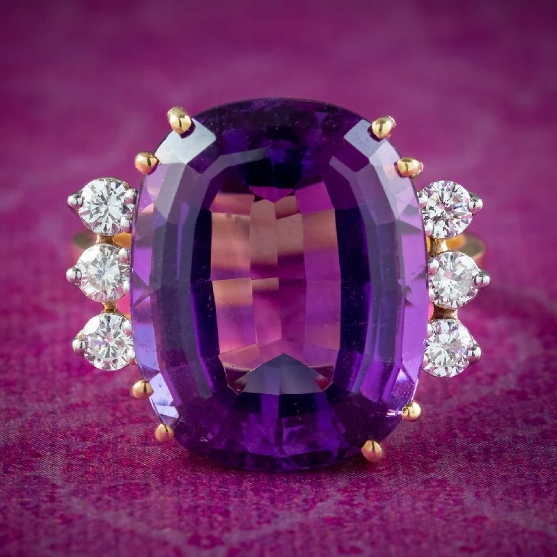 ladies-birthstone-rose-gold-rings-Vintage Amethyst Diamond Cocktail Ring 16ct Amethyst