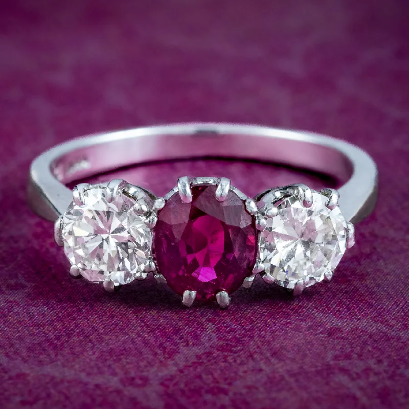 ladies-white-gold-stackable-rings-Edwardian Style Ruby Diamond Trilogy Ring 0.90ct Ruby 1.6ct Diamond