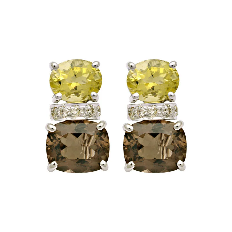 ladies-party-huggie-earrings-Earrings-Lemon Quartz, Smokey Quartz and Diamond