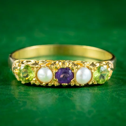 ladies-round-sapphire-rings-Edwardian Suffragette Style Carved Half Hoop Ring Amethyst Peridot Pearl