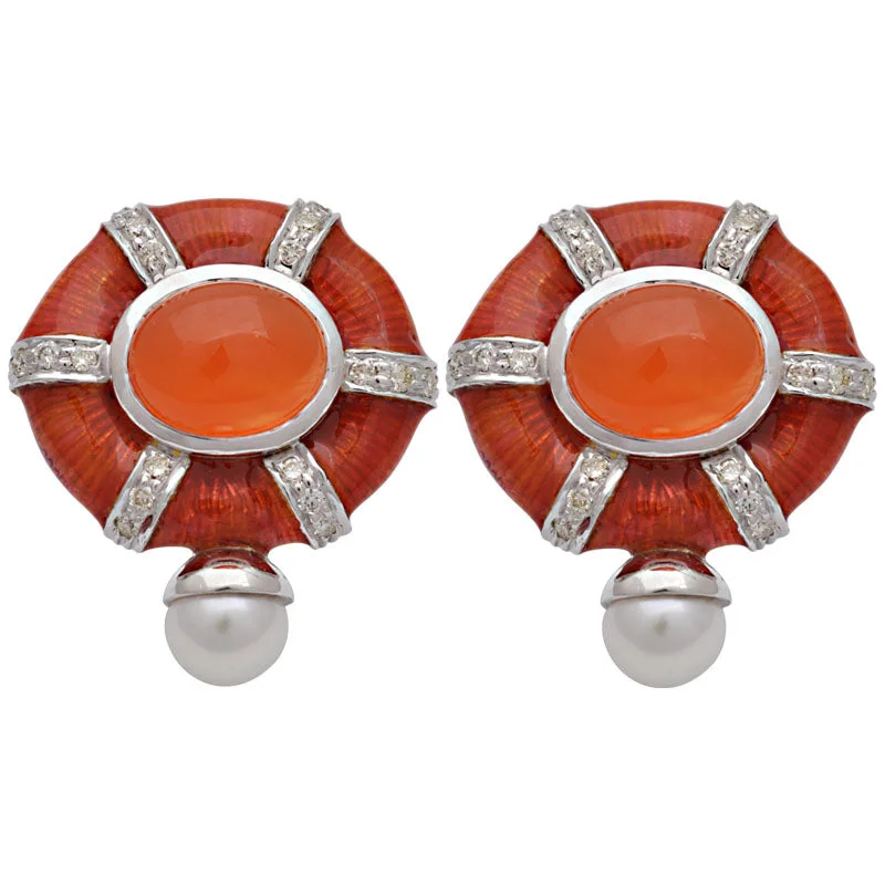 ladies-statement-silver-earrings-Earrings- Cornelian, F.w. Pearl And Diamond (enamel) (183CS)