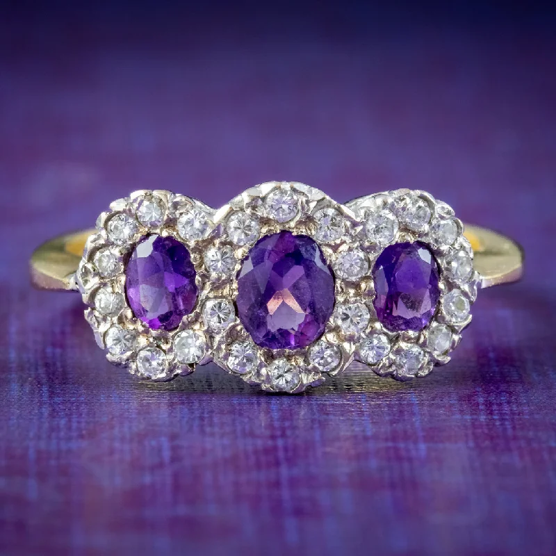 ladies-emerald-cut-diamond-rings-Vintage Amethyst Diamond Trilogy Cluster Ring Dated 1991