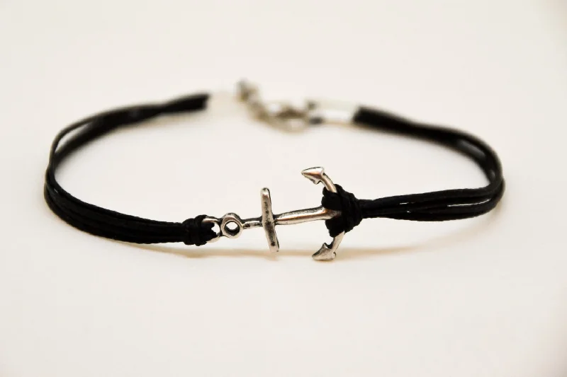 Ladies bracelets corrosion-resistant metal -Silver anchor bracelet for men, black cord, nautical beach jewelry