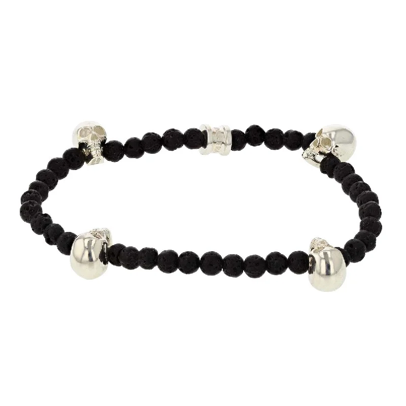 Ladies bracelets bold modernity -Black Lava Bead Stretch Bracelet with Silver Skulls