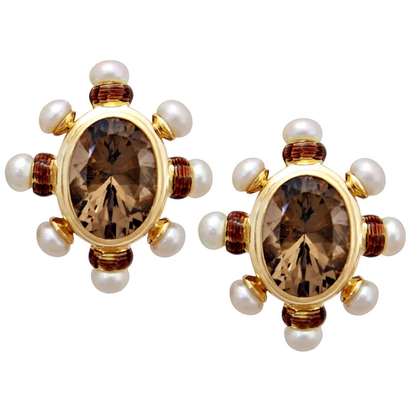 ladies-classic-cluster-earrings-Earrings-Smokey Quartz and Pearl (Enamel)