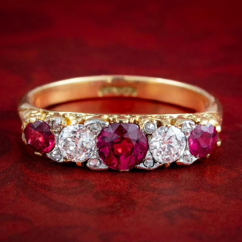 ladies-emerald-cut-pearl-rings-Antique Victorian Ruby Diamond Five Stone Ring 0.90ct Ruby