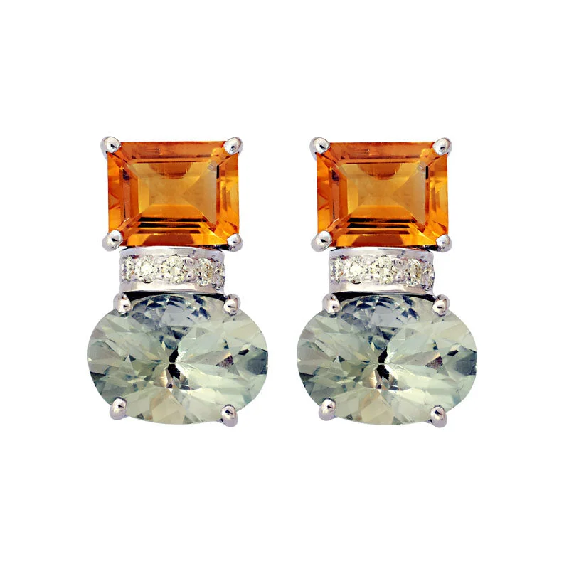 ladies-silver-heart-earrings-Earrings-Citrine, Green Quartz and Diamond