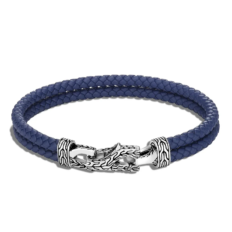 Ladies bracelets fun bands -Asli Classic Chain Link Silver Bracelet on Blue Woven Leather