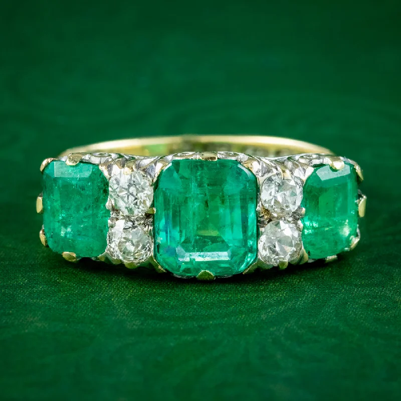 ladies-white-gold-stackable-rings-Antique Victorian Emerald Diamond Ring 3.07ct Emerald Dated 1900 With Cert