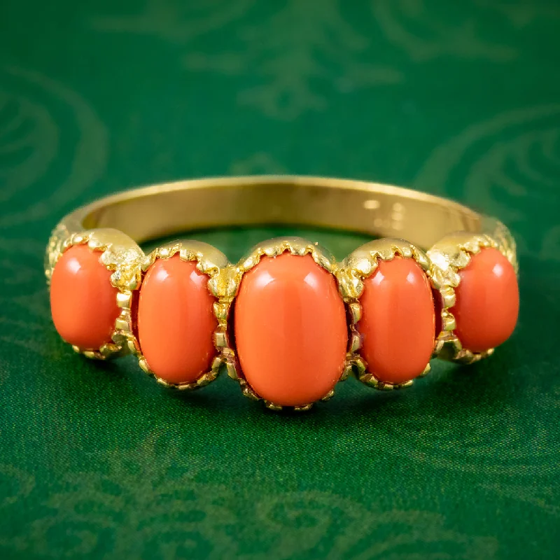 ladies-white-gold-halo-rings-Victorian Style Coral Five Stone Ring