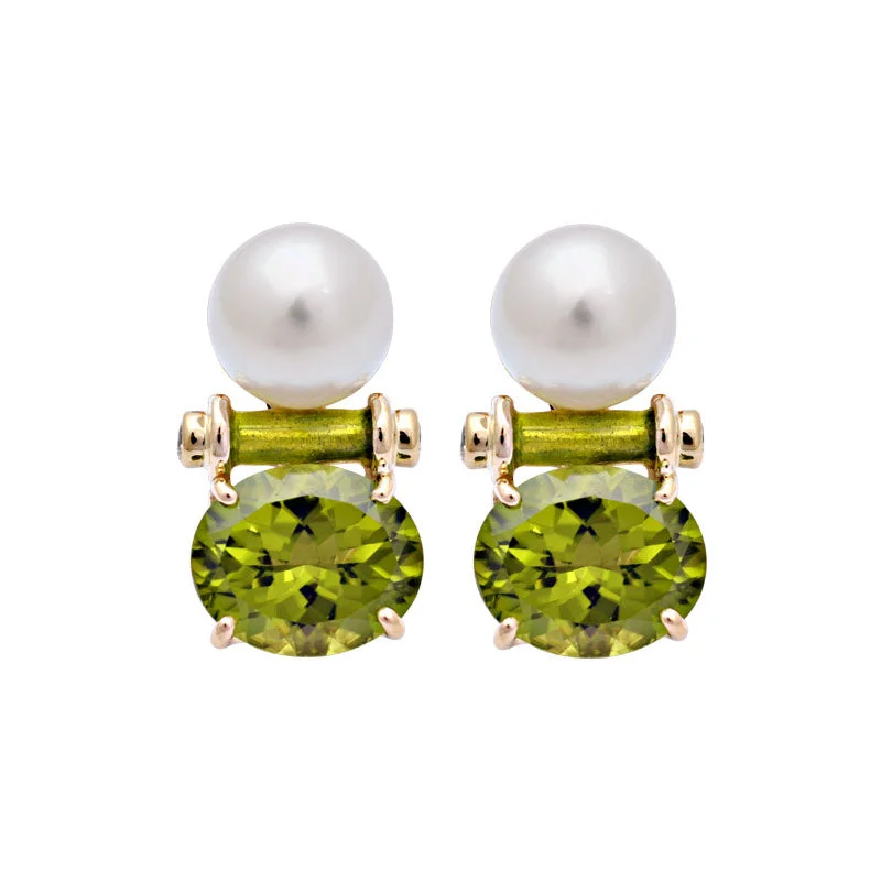 ladies-rose-gold-thread-earrings-Earrings-Peridot, South Sea Pearl and Diamond (Enamel)