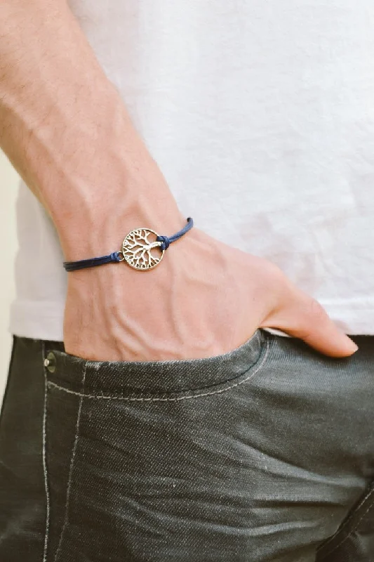 Ladies bracelets twisted charm -Tree of life men's bracelet, blue cord, Yoga gift for him, silver circle charm