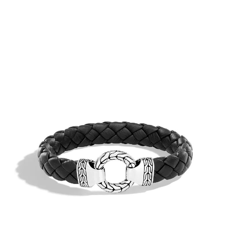 Ladies bracelets funky elegance -Classic Chain Silver Bracelet on Braided Black Leather