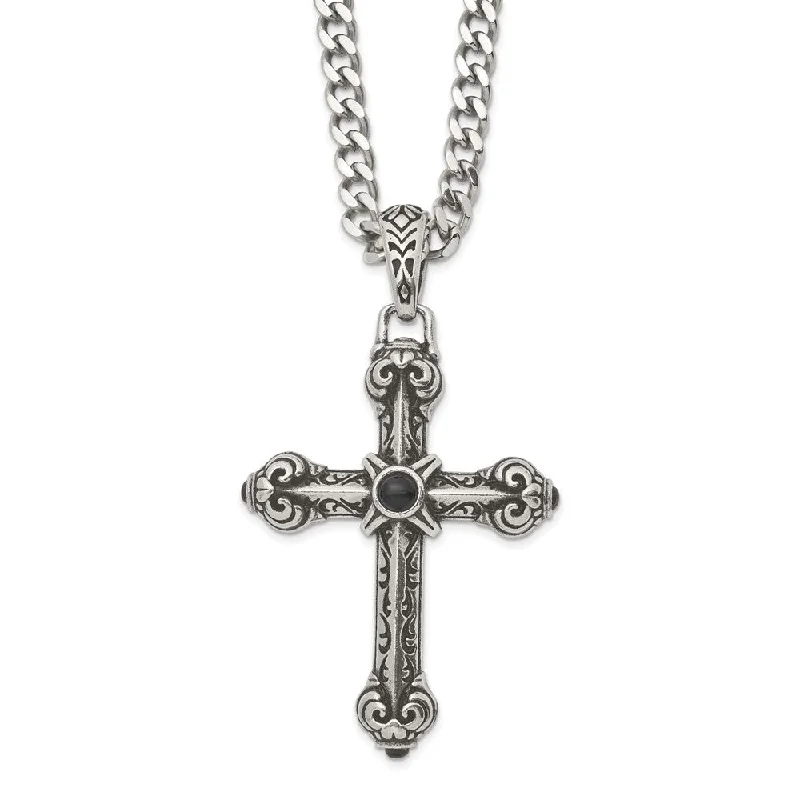 Ladies necklaces polished strands -Stainless Steel Synthetic Black Agate XXL Antique Cross Necklace 24 In