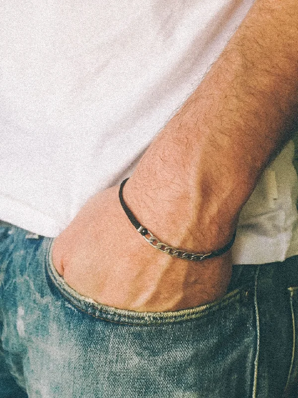 Ladies bracelets with rose rhodonite -Silver flat link chain men's bracelet with a black cord