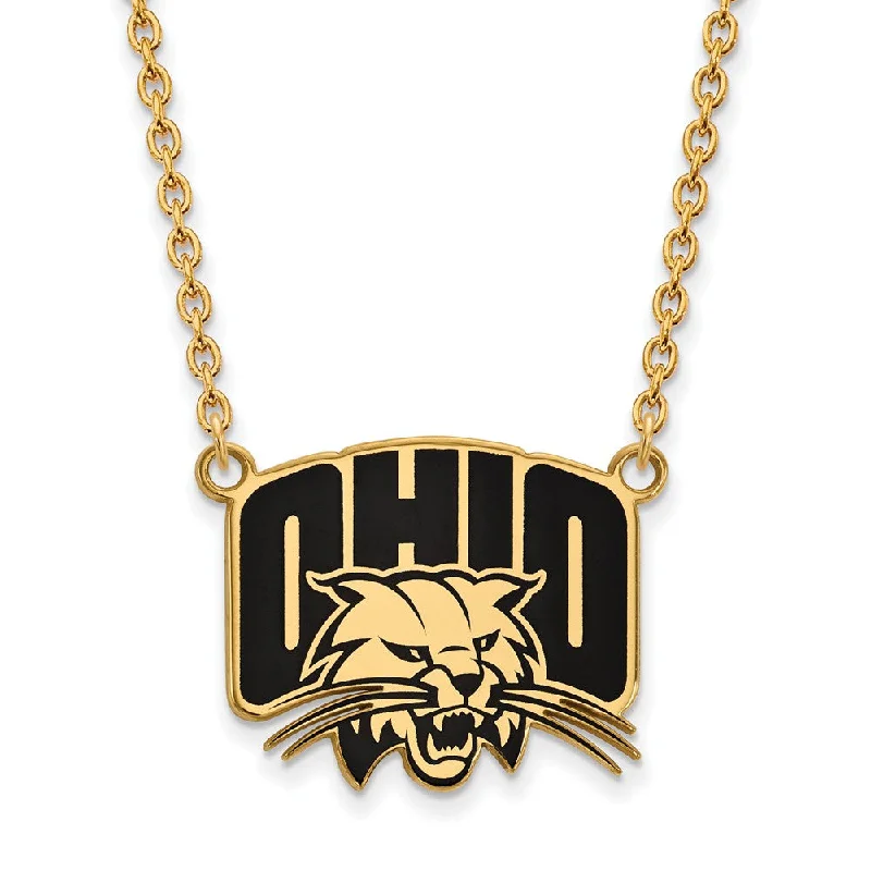 Ladies necklaces carved strands -14k Gold Plated Silver Ohio U Large Enamel Pendant Necklace