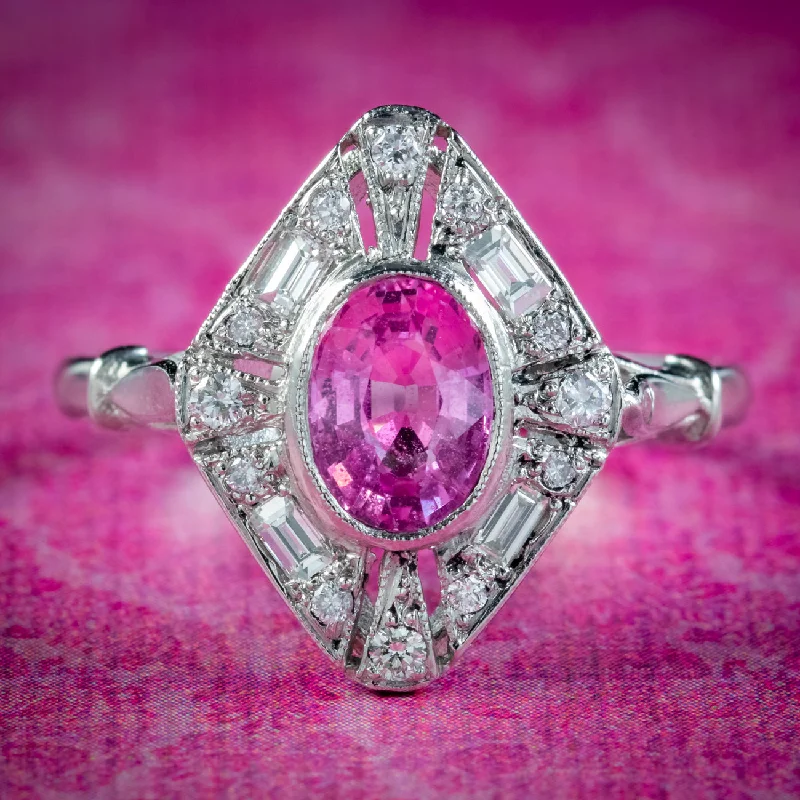 ladies-marquise-cut-gold-rings-Art Deco Style Pink Sapphire Diamond Cluster Ring 1.20ct Sapphire