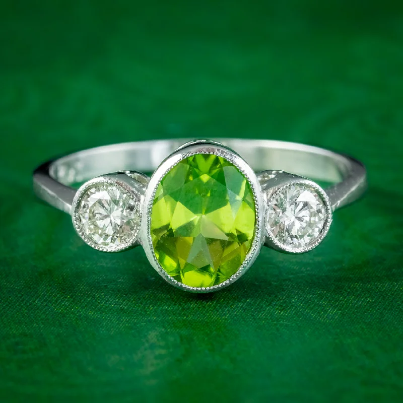 ladies-rose-gold-classic-rings-Edwardian Style Peridot Diamond Trilogy Ring 1.6ct Peridot