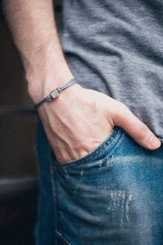 Ladies bracelets with streak charms -Men's bracelet with a silver tube bead and a gray cord, jewelry for man