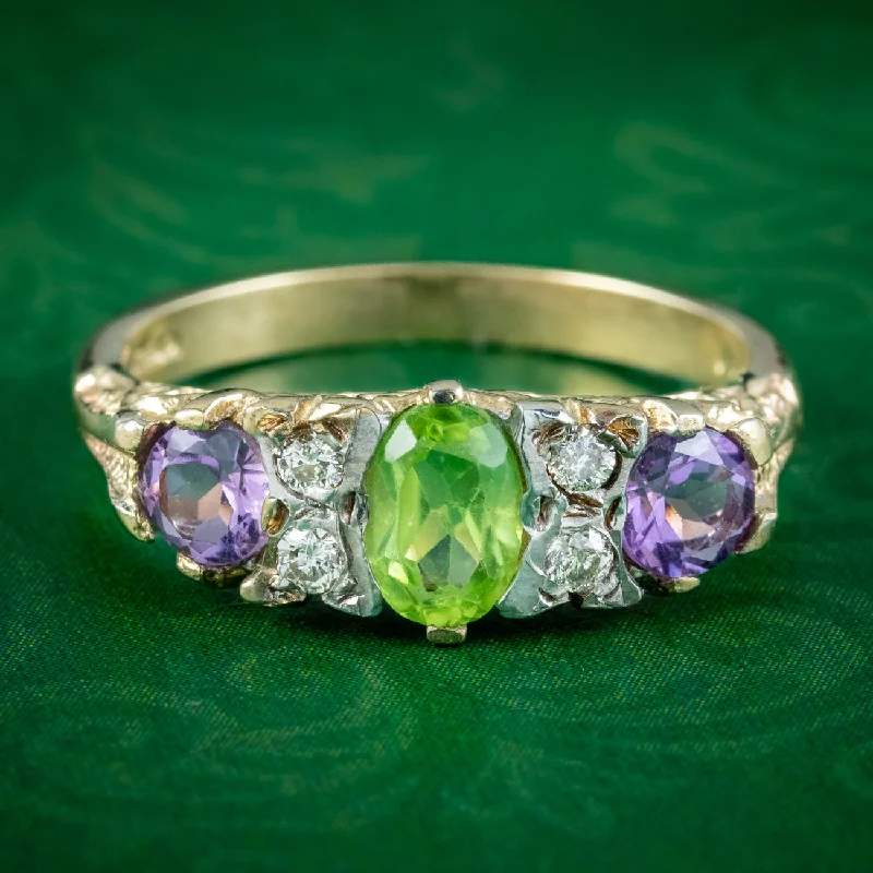 ladies-princess-cut-emerald-rings-Edwardian Style Suffragette Ring Amethyst Peridot Diamond