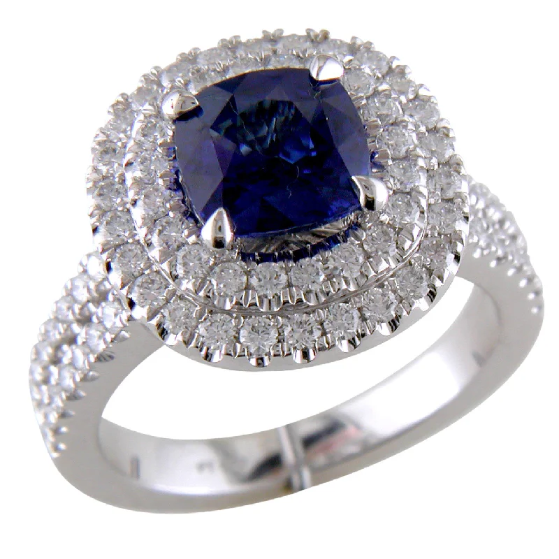 engagement-bridal-diamond-ring-Cushion Shaped Blue Sapphire & Diamond Double Halo Platinum Engagement or Cocktail Ring