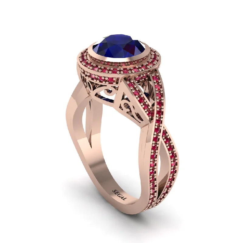 engagement-ruby-vintage-ring-Sapphire Filigree Halo Twist Shank Engagement Ring - Wren No. 59