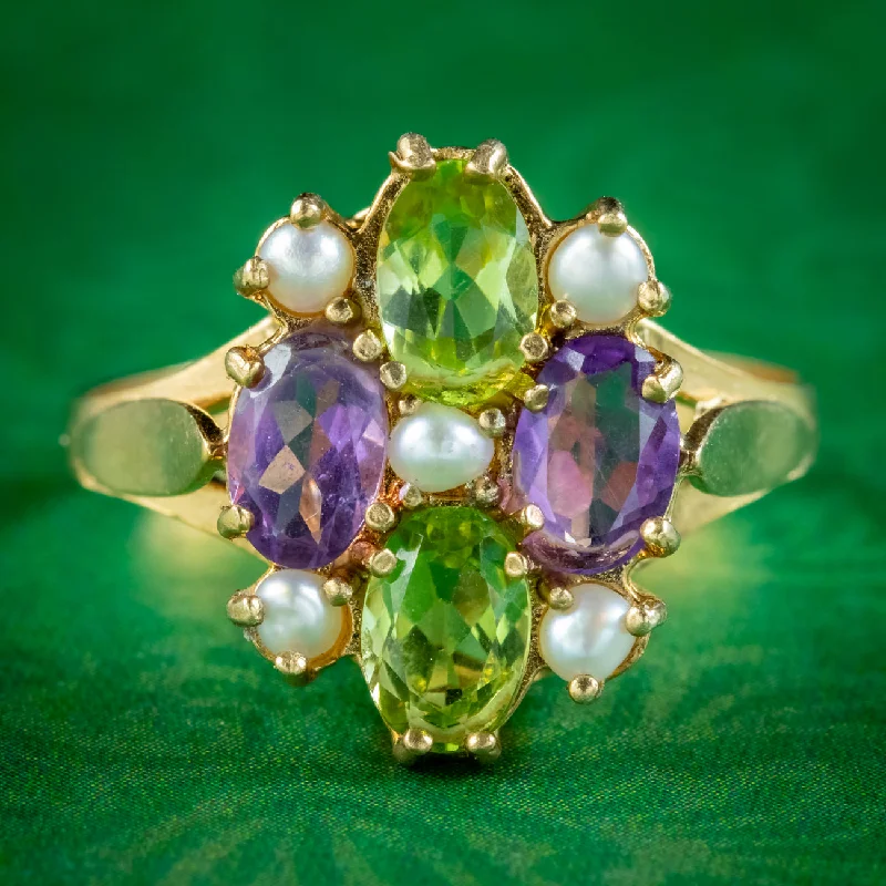 ladies-ruby-solitaire-rings-Edwardian Suffragette Style Cluster Ring Peridot Amethyst Pearl