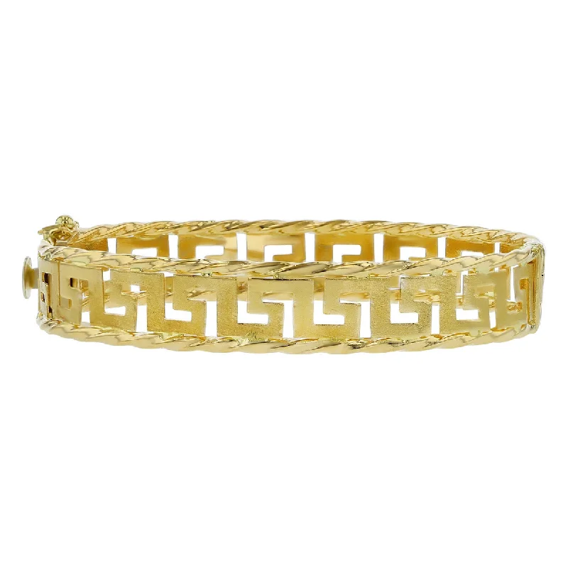 Ladies bracelets with reef charms -18K Yellow Gold Greek Key Hinged Bangle Bracelet