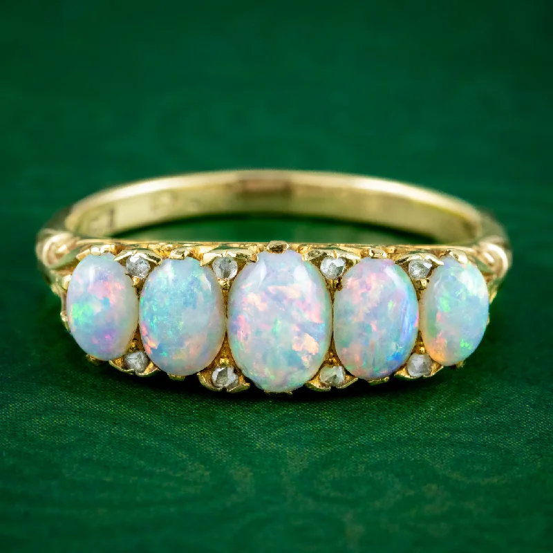 ladies-wedding-rose-gold-rings-Antique Victorian Opal Diamond Five Stone Ring 1.7ct Of Opal