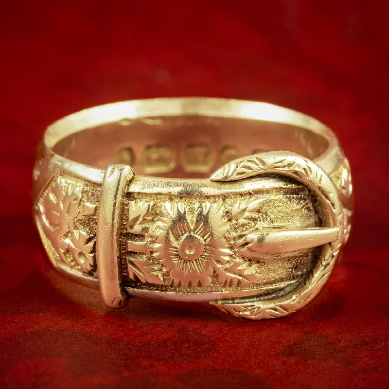 ladies-initial-gold-rings-Antique Victorian Floral Buckle Band Ring Dated 1890